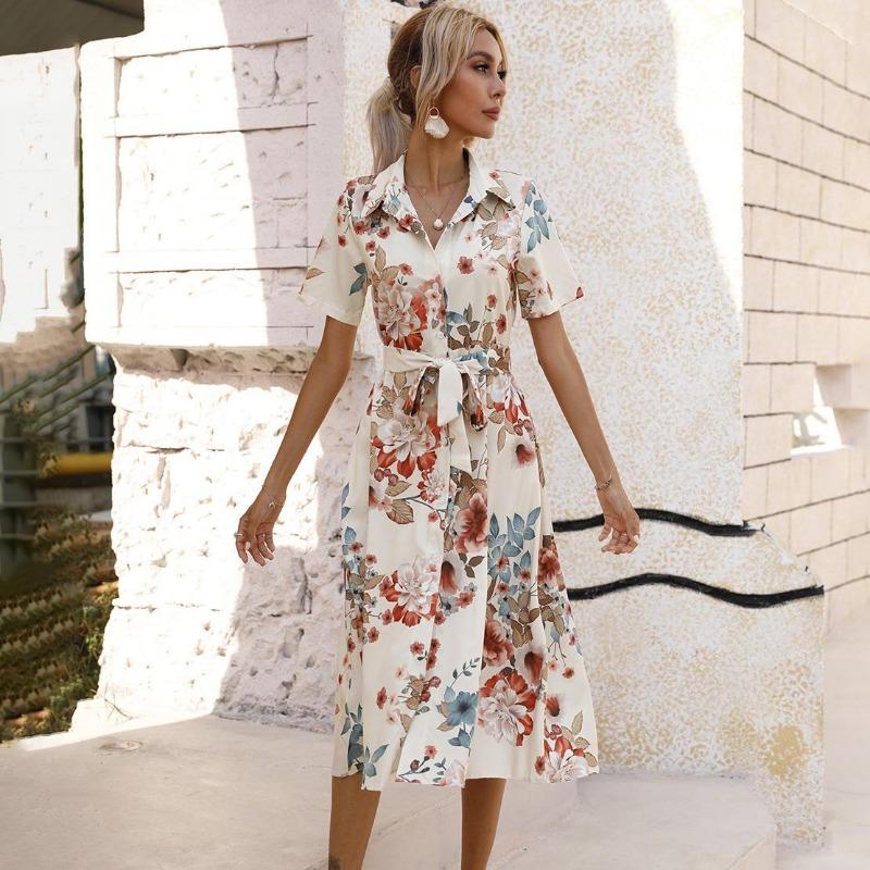 Женское летнее платье с короткими рукавами и высокой талией в этническом стиле на шнуровке