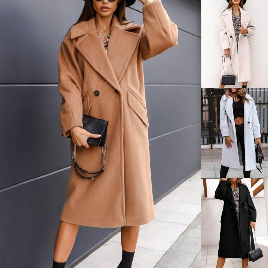 Women Oversize Coat Solid Color Double Breasted Turndown Collar Pockets Overcoat Office