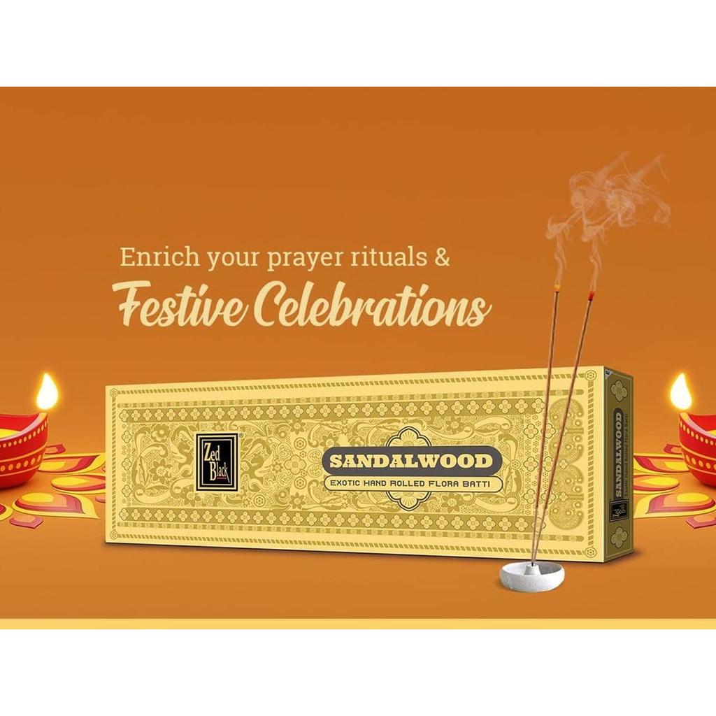 Zed Black Sandalwood Hand-Rolled Flora Batti Pack Of 2 Long-Lasting Incense Sticks For Puja Meditation Festivals And Gifting 35X2 Agarbatti Sticks