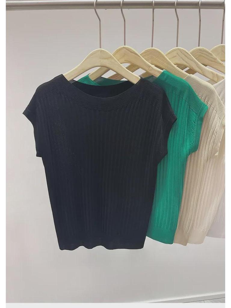 Women's Summer One-Shoulder Ice Silk Knitted Short-Sleeve Top with Vertical Stripes and Stand-Up Collar