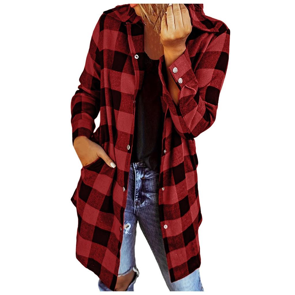 Модные женские повседневные карманы с решетчатым принтом и длинными рукавами, куртка, пальто