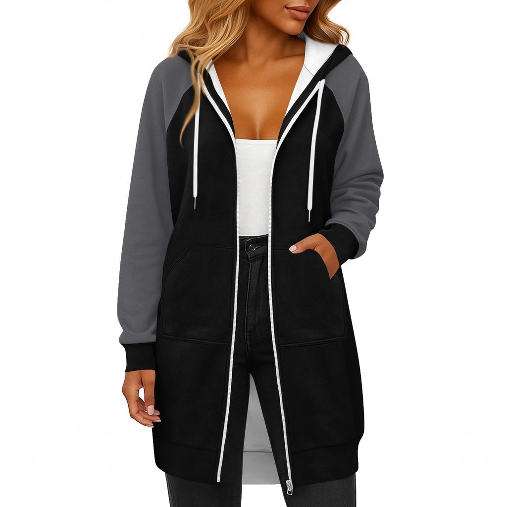 Women's Fashionable Color Blocked Long Sleeved Drawstring Hooded Zipper Pocket Long Casual Sweatshirt Jacket