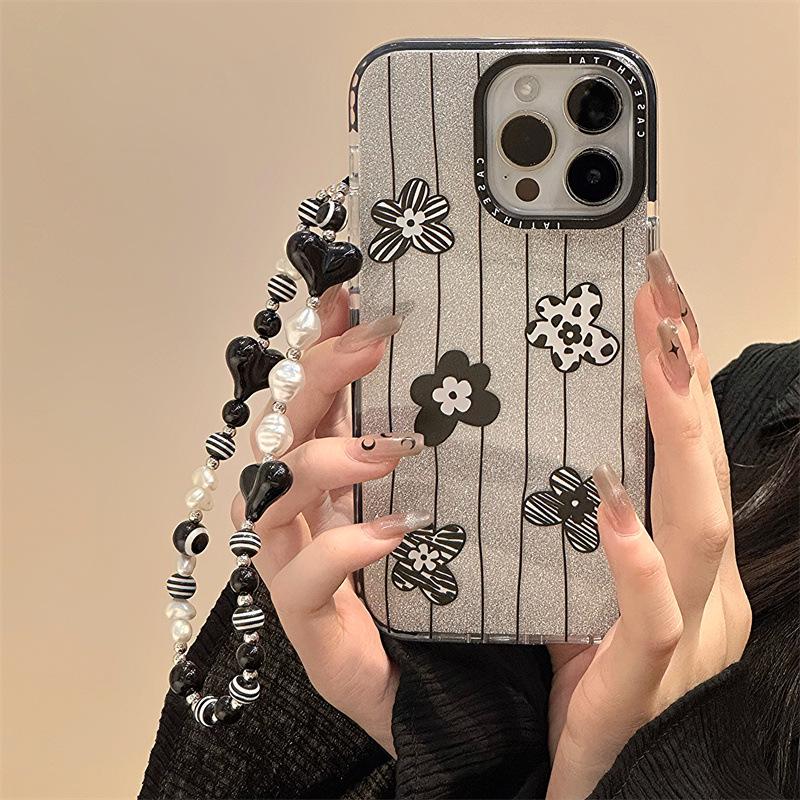 Чехол Zhitai для iPhone 16 Pro — черный круглый корпус с блестками Apple, совместим с iPhone 11, 14 Pro, 15 — браслет в японском и корейском стиле.