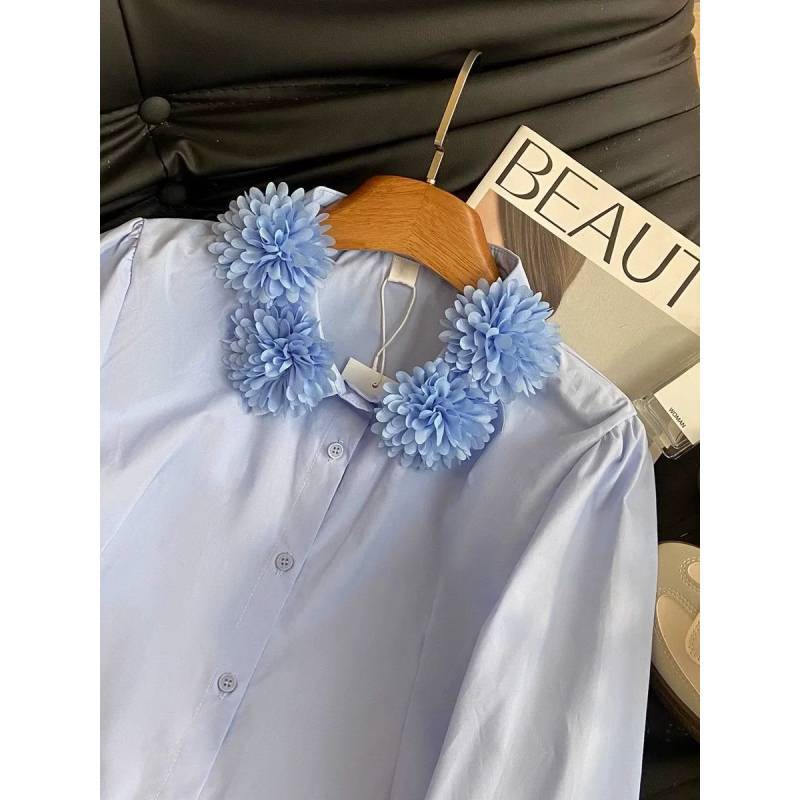 Spring French Sweet Ladies Blouse With 3d Floral Embroidery And Bubble Sleeves For Casual Wear