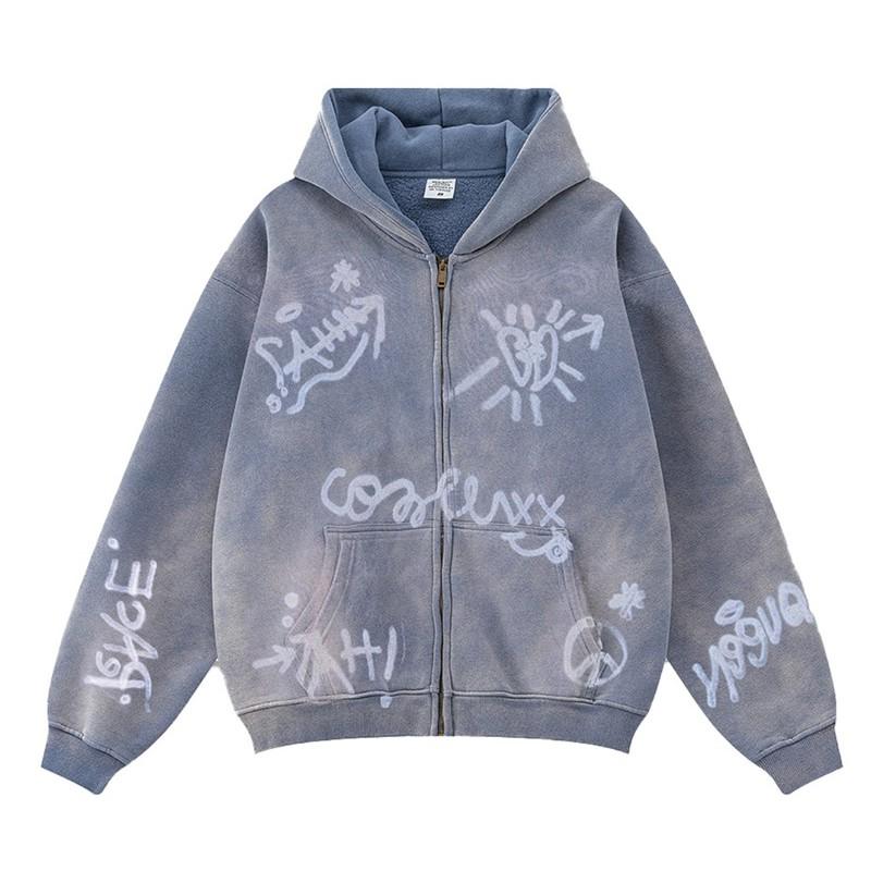 Unisex Winter Hooded Zip-Up Oversized Fleece-Lined Sweatshirt With Hand-Drawn Graffiti Print Daily Wear