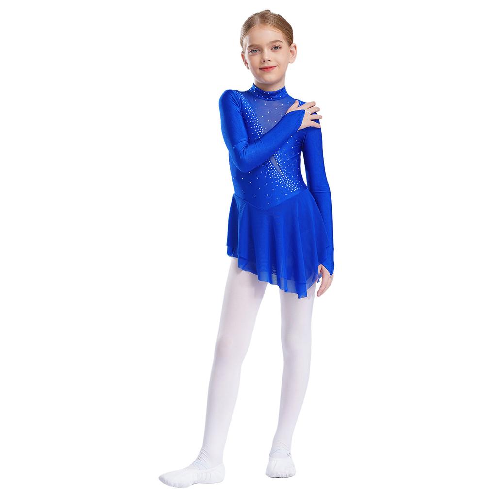 Girls Figure Skating Dress Sheer Mesh Patchwork Glittery Rhinestones Long Sleeve