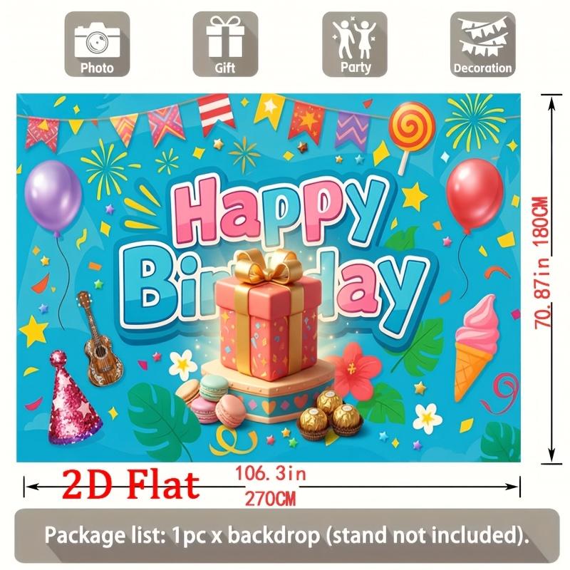 Vibrant Cheerful Balloon-and-Gift-Themed Happy Birthday Banner Backdrop with Colorful Bunting, Confetti, Ice Cream, Guitar and Party Hat