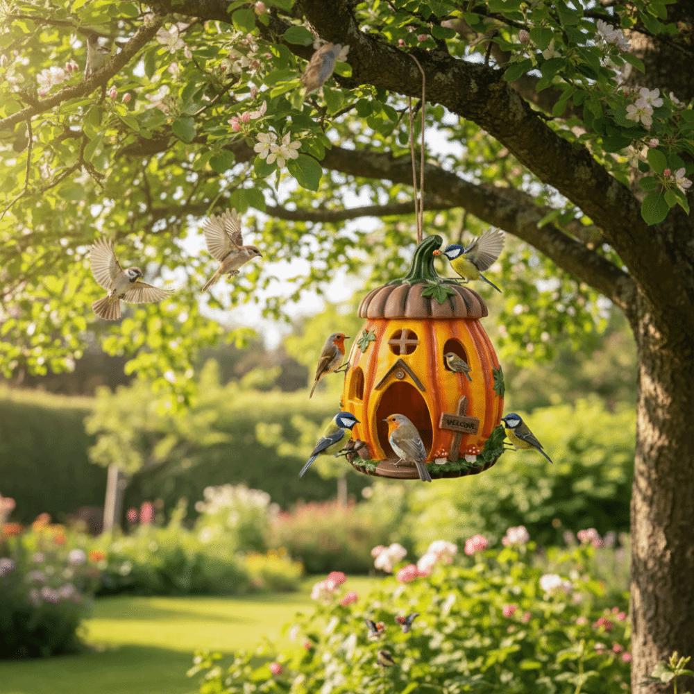 Vibrant Orange Pumpkin Bird House Waterproof Garden Bird Shelter Resin Birdhouse Nest Garden Patio