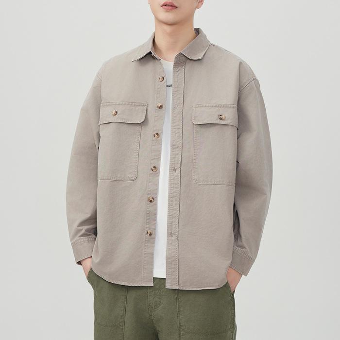Весна Новая Японская Ретро Мужская Свободная Хлопковая Повседневная Рабочая Рубашка в Американском Стиле с Длинным Рукавом