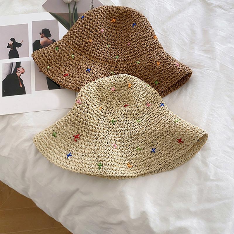 Women's Summer Colorful Sweet Woven Straw Hat Beach Hollow Out Crochet Sun Protection Hat Vacation Wide Brim Sunshade Hat