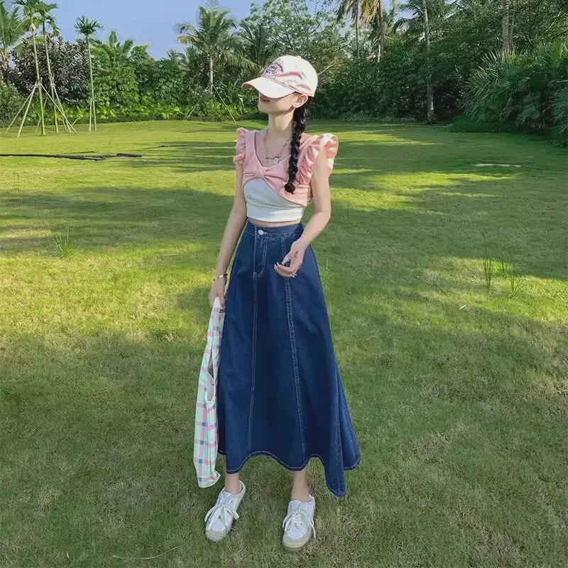 2024 Джинсовая юбка А-силуэта с высокой талией в стиле ретро — средней длины, большой размер Swing, весна-лето