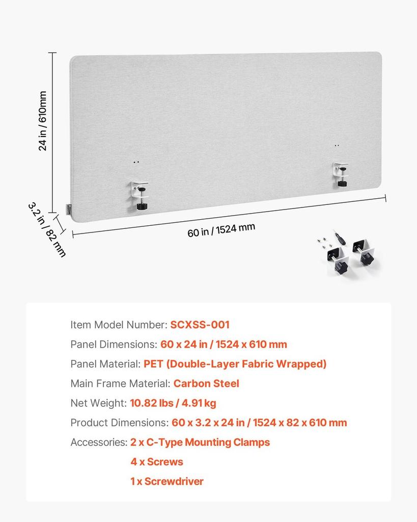 Desk Divider Privacy Panel, 1524 x 610 mm Clamp-on Office Desk Partition, PET Cubicle Partition Panel, Workstation Privacy Divider with 2 C-Type