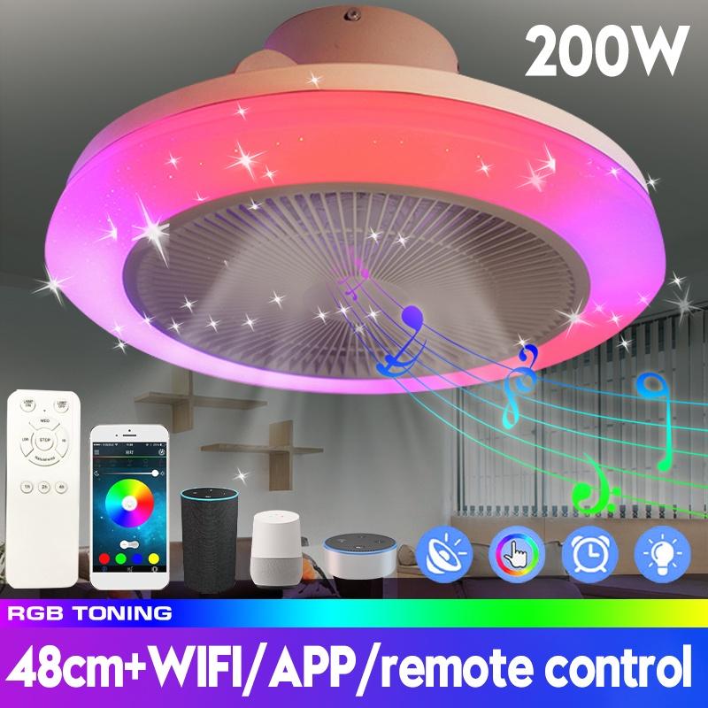 300 Вт Современные RGB LED Потолочные светильники-вентиляторы Управление через приложение и пульт ДУ Вентилятор с 3 регулируемыми скоростями ветра Диммируемый потолочный светильник-вентилятор 48*20 см
