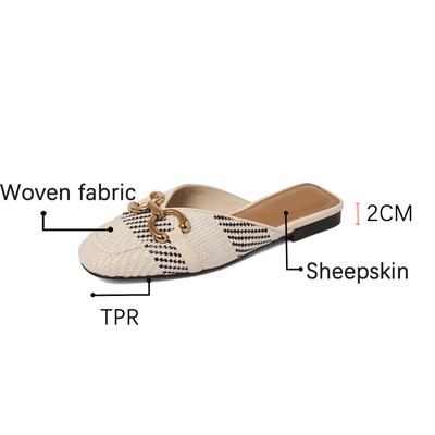 Мода 2025 Новые мюли из плетеной ткани Повседневные летние сандалии Обувь для женщин Сандалии с перемычкой Низкий каблук Туфли-шлепанцы Женская обувь Металлическая отделка