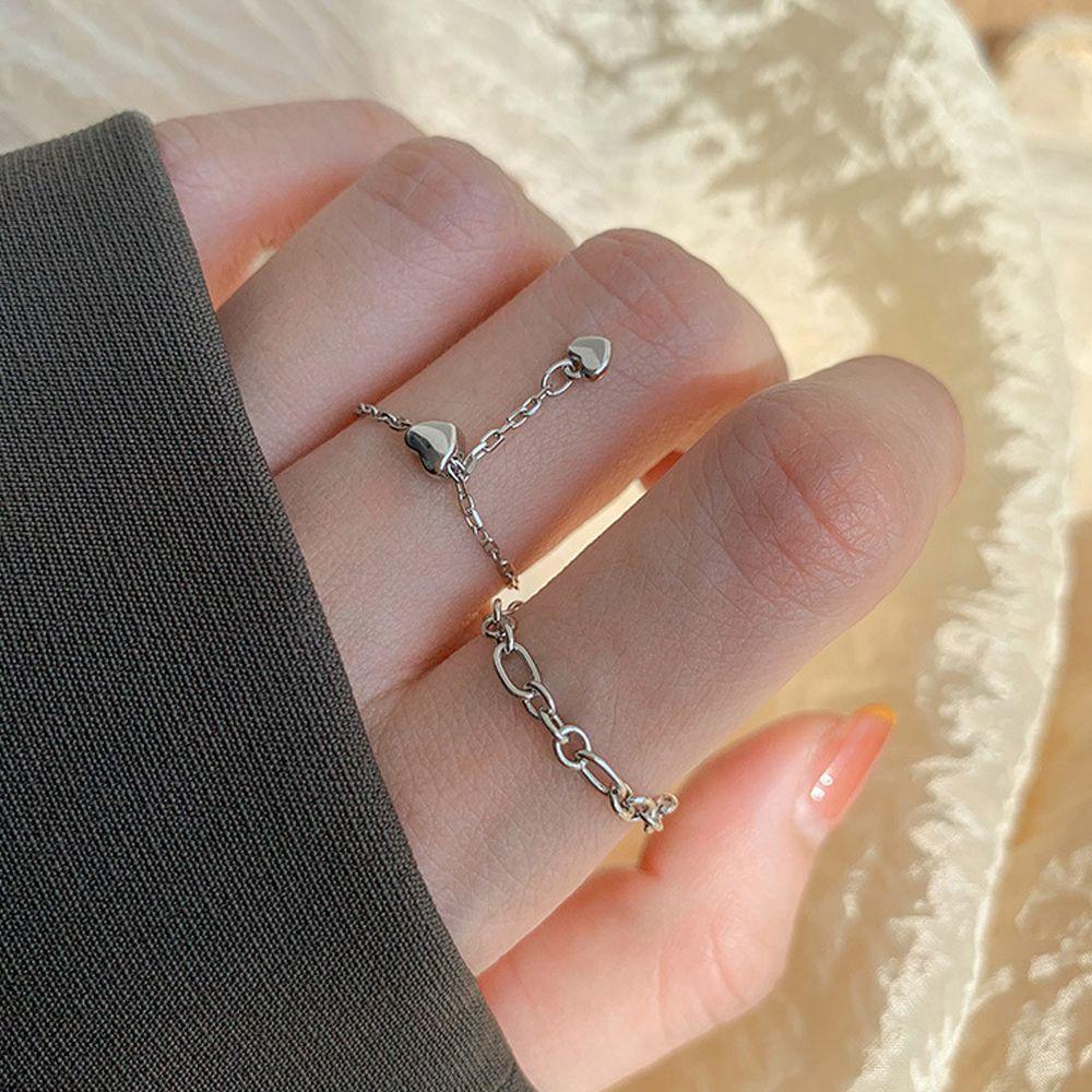 Sweet Trendy Adjustable Chain Bead Punk Women Rings Korean Finger Rings Finger Jewelry Heart