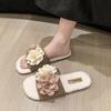 French Flat-bottomed Flower One-word Slippers Women's Shoes Autumn and Winter Wear 2025 New Velvet Fashion Cotton Slippers