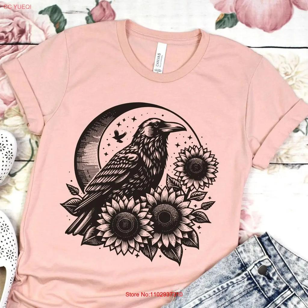 Whimsigoth Raven Linocut T Shirt Lino Print Boho Crow Witchy Dark Academia Goblincore Vintage Casual