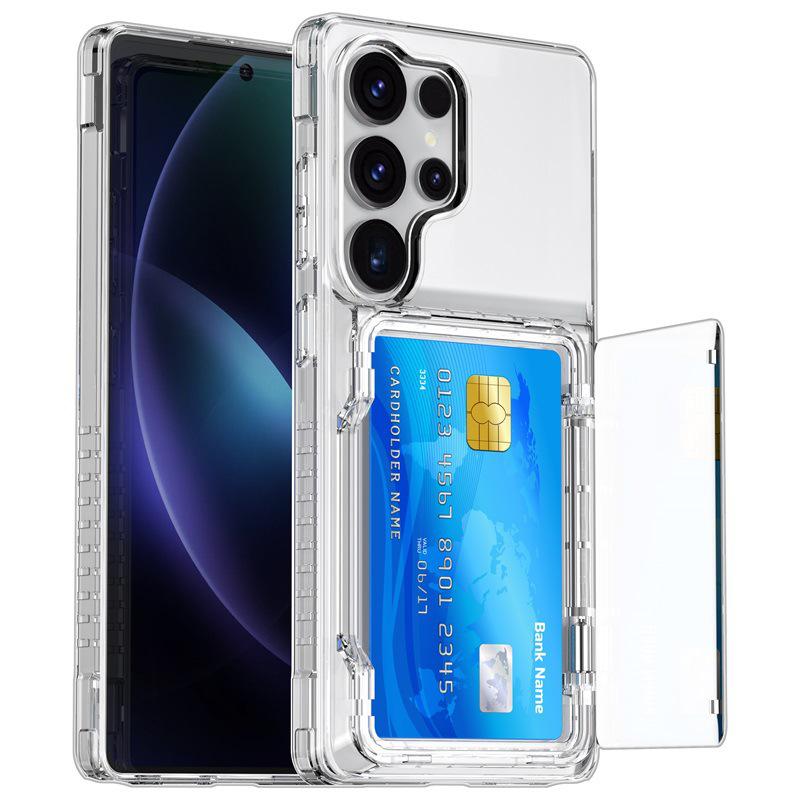 Прозрачный чехол-книжка для Samsung Galaxy S25 Ultra с держателем для карт и защитой от падений.