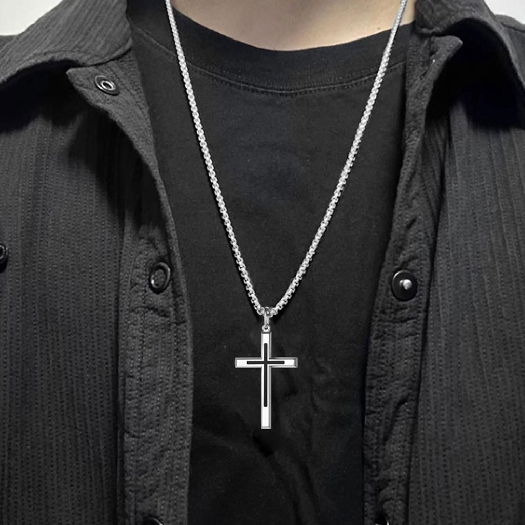 FANCIME Men's Cross Necklace, 925 Sterling Silver, Cross Pendant, 316L Stainless Steel (Surgical Stainless Steel) Chain, 60cm, Black, Amulet,