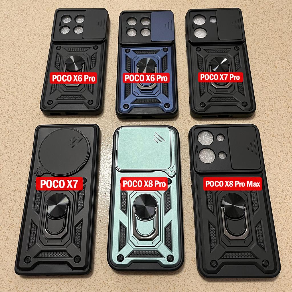 Чехол для POCO X8 Pro Max X7 Pro X6 Чехол-броня со сдвижной крышкой для защиты объектива камеры для Xiaomi POCO X7 Кольцо-подставка Ударопрочный Funda
