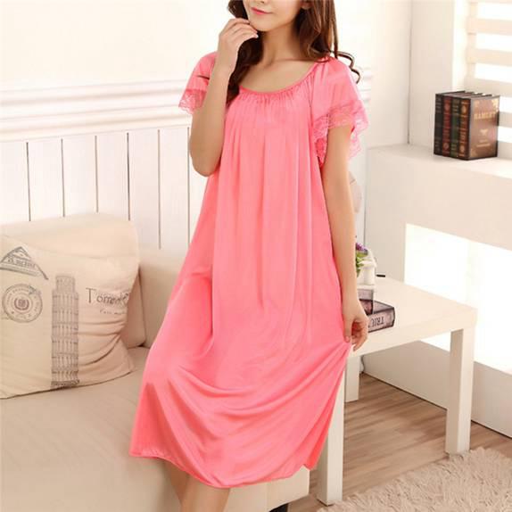 Women Soft Comfortable Satin Lace Sleepwear Nightgown Solid Color Silk Nightdress