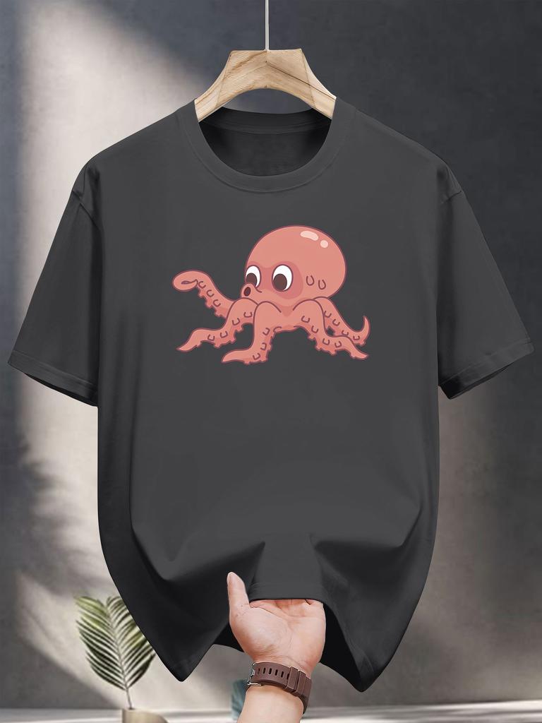 200g 100% Cotton Short Sleeve T-shirt with Cute Cartoon Octopus Print - Black Casual Summer Tee