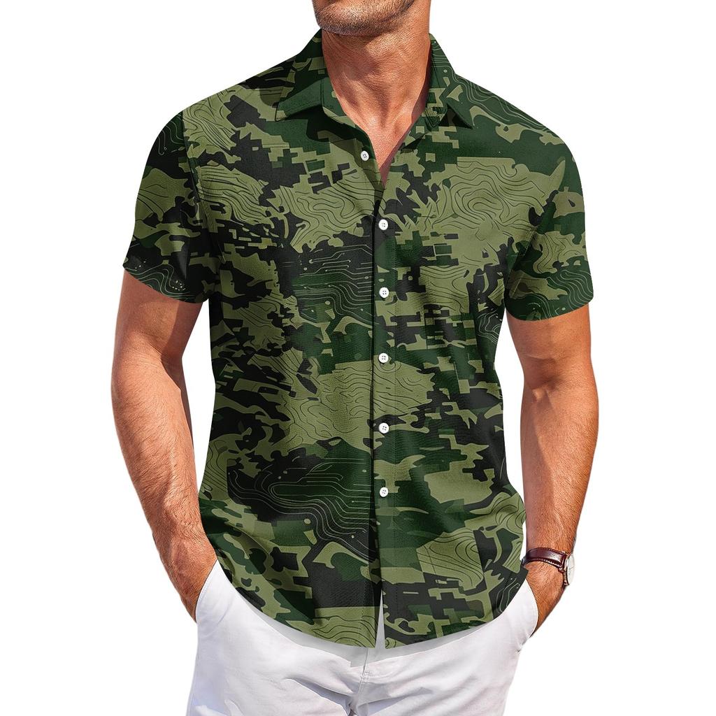Men's Casual Short Sleeve Button Down Shirt Lightweight Breathable Fabric Regular Fit Summer Top with Camouflage Print Design