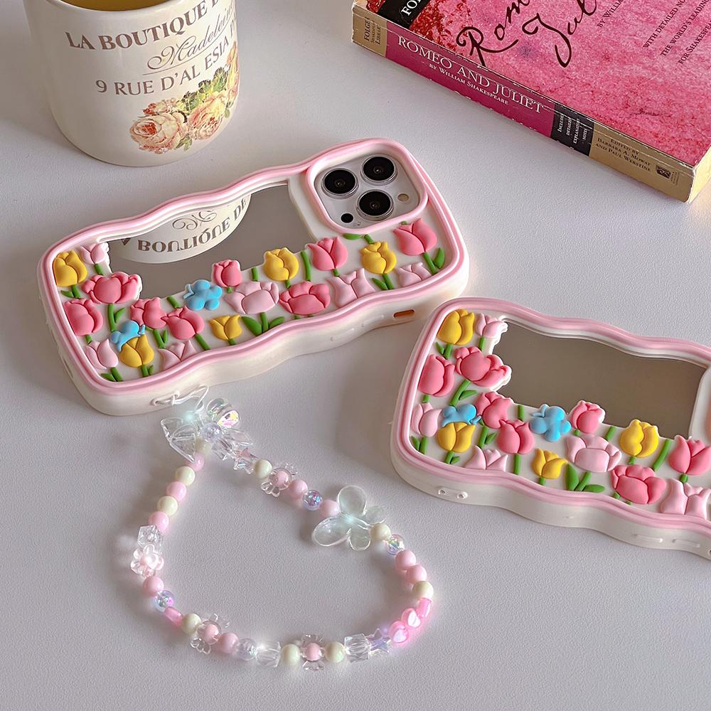 Зеркальный чехол-тюльпан с мультяшным волнистым краем, совместимый для iPhone 14 13 12 Pro Max 11 7 8 Plus X XS XR X Max, стереоскопический силиконовый защитный чехол