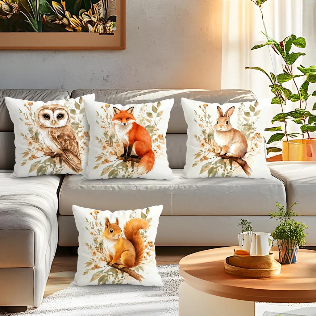 4 Pcs Watercolor Animals Single-Sided Printed Pillowcase Cushion Cover,Suitable For Living Room,Bedroom,Car Decoration