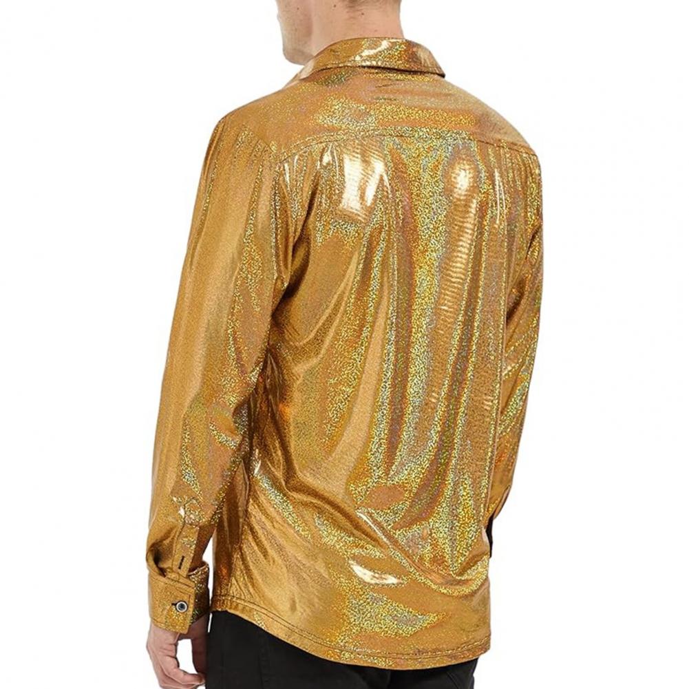 Золотая рубашка для вечеринки, мужская блестящая рубашка с отложным воротником для рождественской вечеринки, ночного клуба, танцев, длинные рукава, свободная