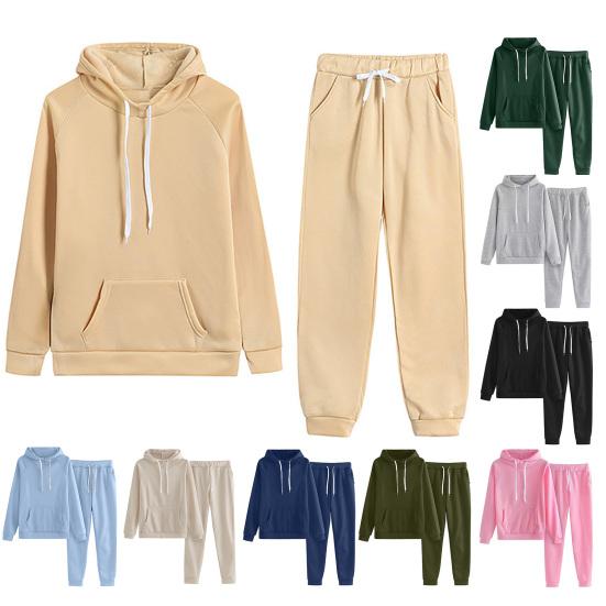 2 Pcs/Set Women Hoodie Pants Suit Solid Color Plush Long Sleeves Thick Top Elastic Waist Ankle-banded Trousers Sport Fitness