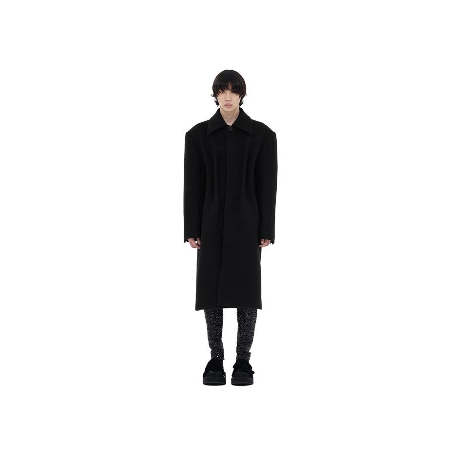 We11done FW23 Split Design Wool Blend Tacked Pleated Long Trench Coat Men coats Black WD-CT3-23-001-M-BK