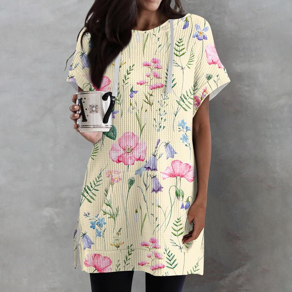 Женские свободные рубашки с принтом, толстовки с короткими рукавами и шнурком, вязаная туника с боковыми разрезами, топы с капюшоном и карманом