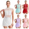 Women Ice Skating Costume Sheer Mesh Overlay Backless Cutout Sleeveless Dress Shiny Rhinestones Applique Dancewear