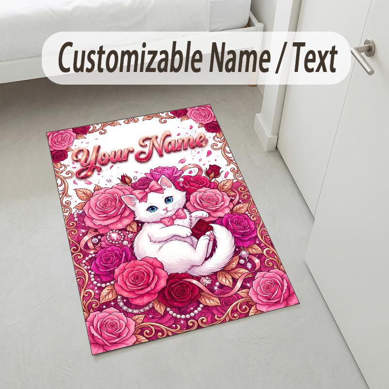 Cat Theme Crystal Velvet Rug Personalized Custom Name Text Soft Floor Mat Home Decor