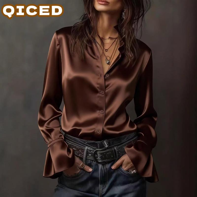 QICED Женская Модная Повседневная Однотонная Печатная Блузка & Рубашка с Длинным Рукавом и Круглым Вырезом Уникальный Дизайн