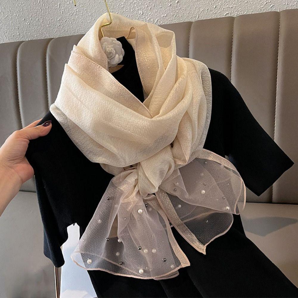 90x90cm Luxury Silk Scarf Pearl Beach Shawl Women Pearl Scarf