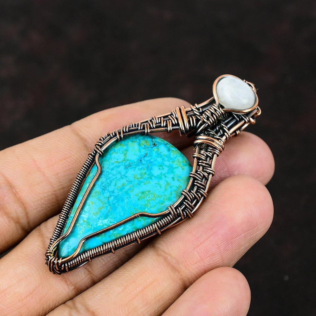Аризона Бирюзовый Кулон Медная Проволока Обернутый Кулон Дизайнерские Ювелирные Изделия Радуга Кулон Из Лунного Камня Ювелирные Изделия Ручной Работы Для Женщин Подарок Для Мамы