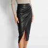 Women Leather Skirt Midi High Waist Elegant Autumn Zipper PU Front Slit Skirts Ladies Black Faux Leather Folded Skirt For Women