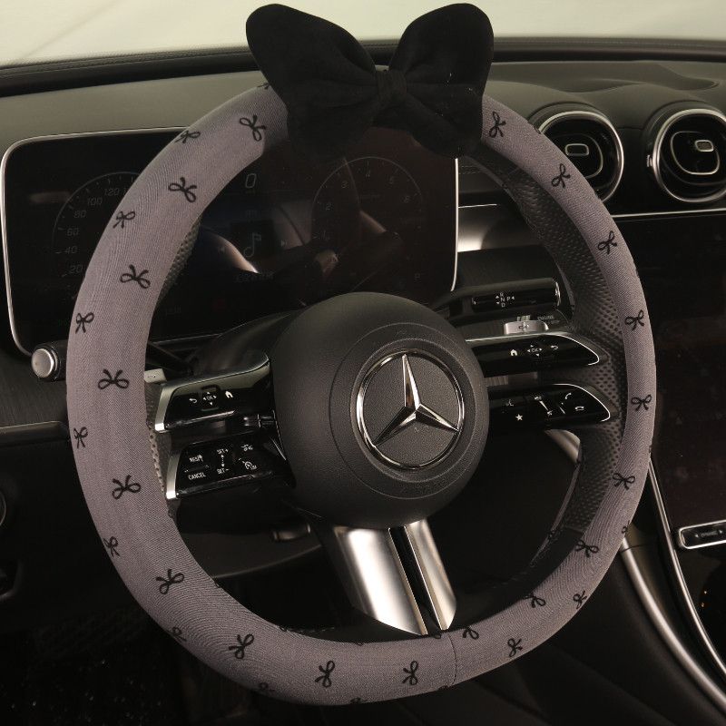 Car Steering Wheel Cover, Universal for All Seasons, Sweat-Absorbent, Summer Cute Cartoon Round Wear-Resistant Bow-Knot Handle Cover for Women