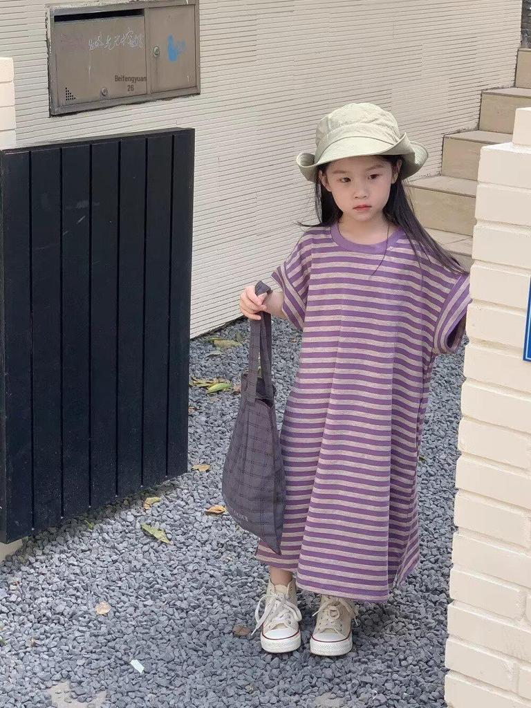 Летние наряды для братьев и сестер 2024 года: Полосатые костюмы для мальчиков и платья для девочек в корейском стиле
