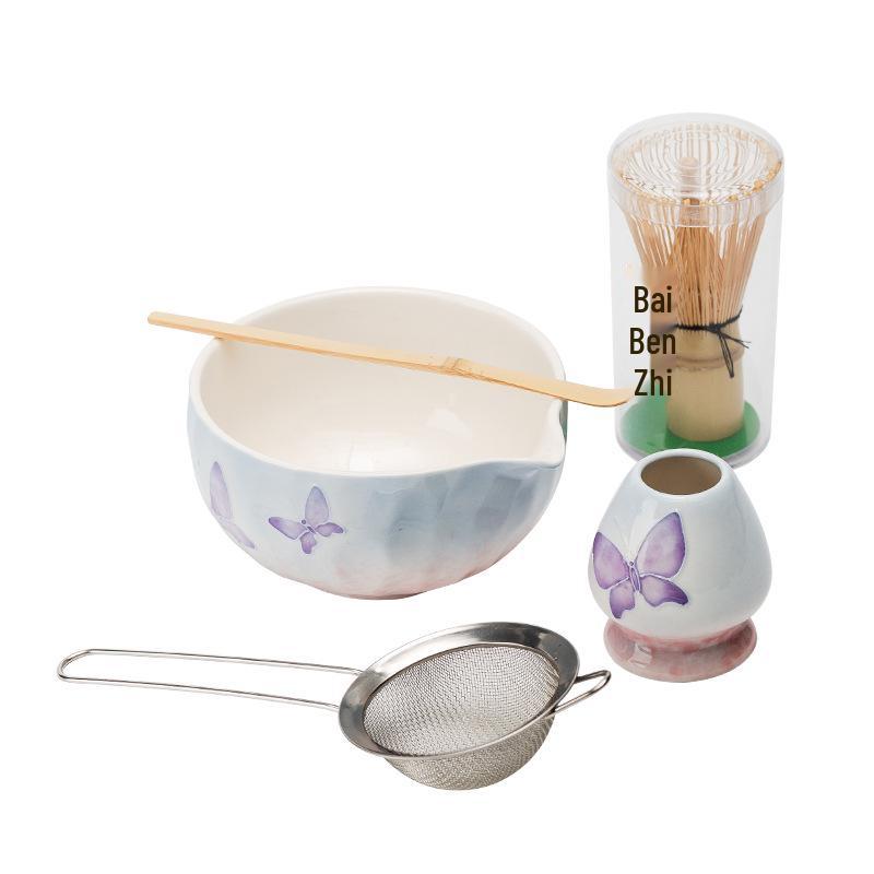 Handmade Japanese Cherry Blossom Matcha Bowl with Whisking Tool, Imitation Song Dynasty Tea Stirrer, and Hyakuhon-date Chasen Stand