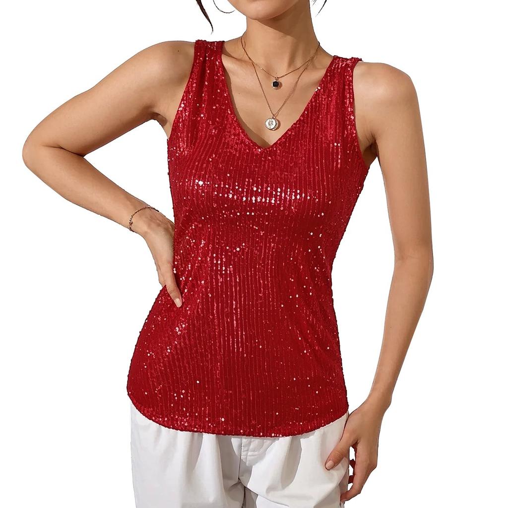 Женские сексуальные топы-майки с пайетками Весенне-летняя мода Блестящие топы без рукавов Вечеринка Блестящие топы с круглым вырезом На выход