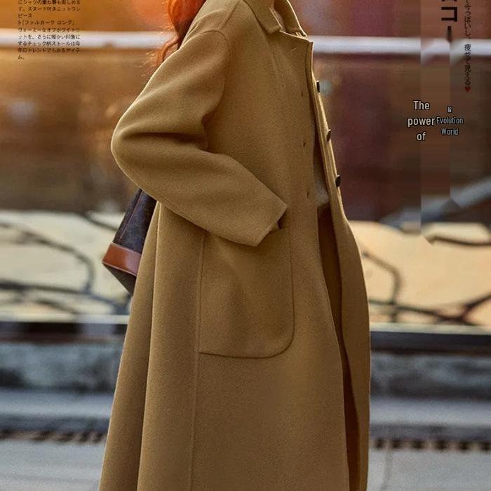 Женское шерстяное пальто тети 2024 в корейском стиле - Осень и Зима, средней длины, ниже колена, модного свободного кроя