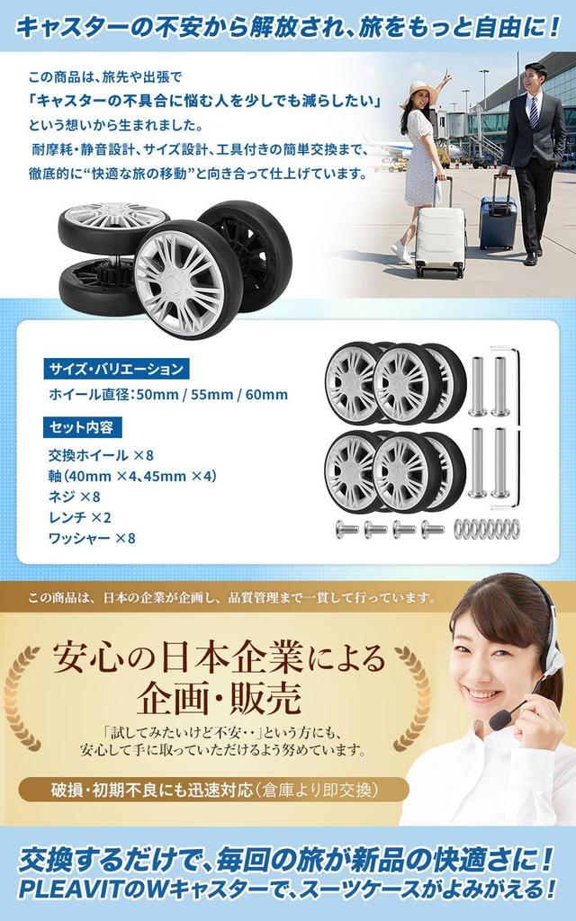 PLEAVIT Suitcase Double Caster Replacement Wheels, Quiet, 360-Degree Rotation, Travel Bag Repair Parts, Easy DIY Repair, 60mm Diameter, Set of 8