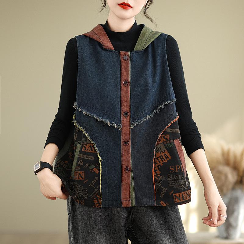 МОДА Большой размер ретро свободный джинсовый жилет жилет с шапкой контрастный цвет сращивание грубый край повседневный джинсовый жилет куртка