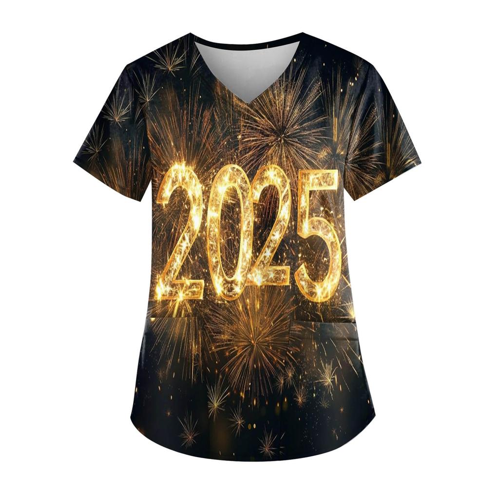 Women's Fashion New Year Printed Short Sleeve V-Neck Top Small Pocket Work T-Shirt