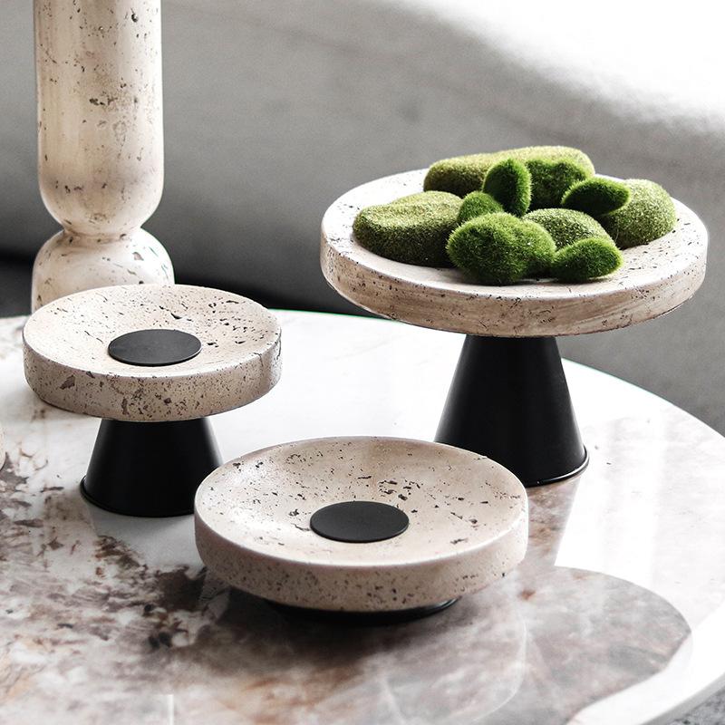 Легкая роскошная высокая круглая фруктовая тарелка подсвечник комбинированное украшение для отелей и гостевых домов дизайнерская имитация желтого травертина соответствующие аксессуары