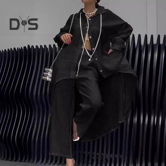 2 Pcs/Set Fall Spring Women Shirt Pants Set Long Sleeves Lapel Lace Cuff Button-down Irregular Hem Blouse Elastic Waist Trousers OL Commuting Sport