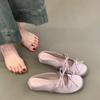 Soft Leather Version~ Inner Height Increase Flat Bottom Comfortable Bag Head Sandals Bow Word with Satin Surface Round Head Half Slippers Women